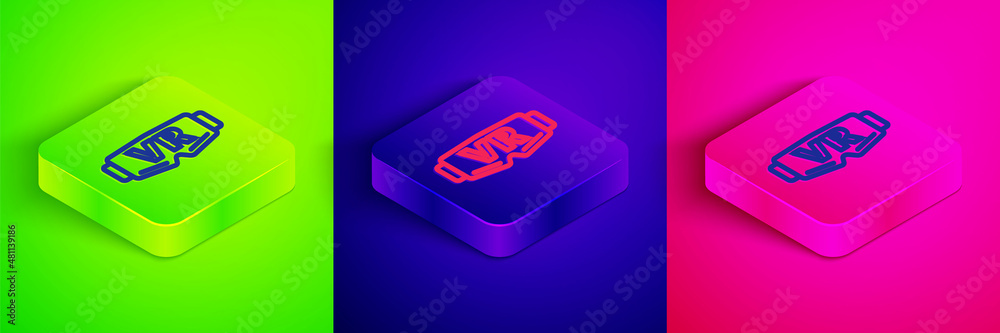 Isometric line Virtual reality glasses icon isolated on green, blue and pink background. Stereoscopic 3d vr mask. Optical head mounted display. Square button. Vector Isometric line Virtual reality glasses icon isolated on green, blue and pink background. Stereoscopic 3d vr mask. Optical head mounted display. Square button. Vector
