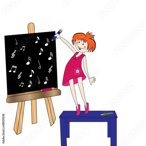 Profesora enseñando música con una pizarra.