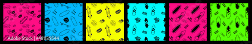Vector set of illustration of black line different skateboard on bright color background. Skateboarding square seamless pattern with cartoon skateboard. Line art style skate background