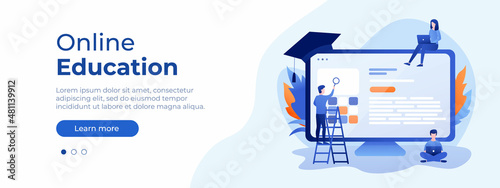 Online education concept. Vector layout for website page. Illustration in flat style with people. Online conference, video chat. Vector EPS 10