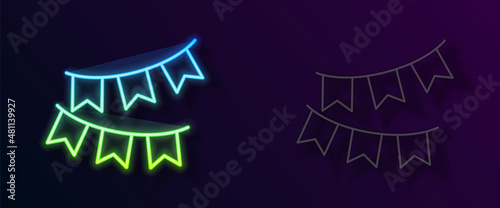 Glowing neon line Carnival garland with flags icon isolated on black background. Party pennants for birthday celebration, festival decoration. Vector
