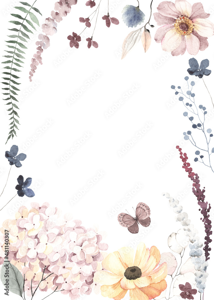 Floral frame with delicate flowers, branches and cute flying butterfly, watercolor illustration isolated on white background for invitation or greeting cards.
