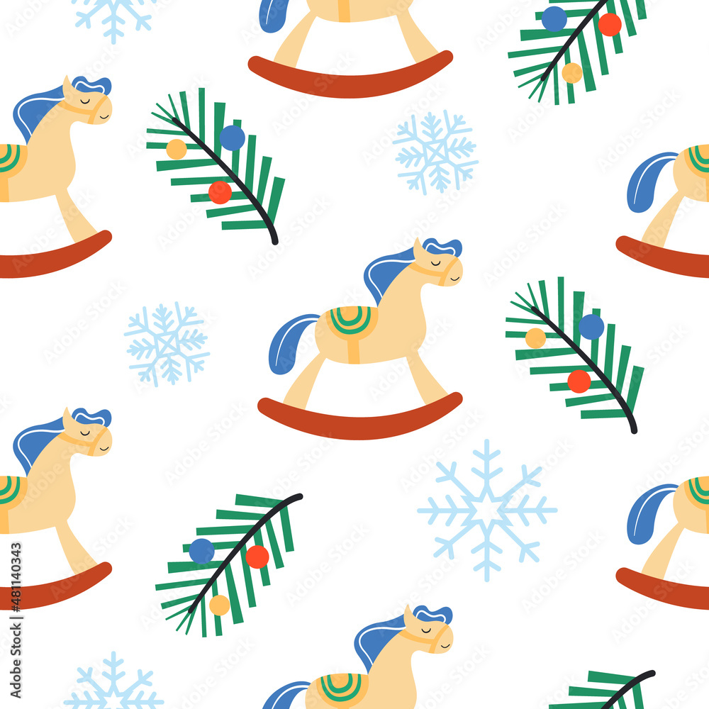 New Year's pattern with a teddy horse, snowflakes and a sprig of spruce. Bright festive background. Vector illustration. New Year's pattern with a teddy horse, snowflakes and a sprig of spruce. Bright festive background. Vector illustration.