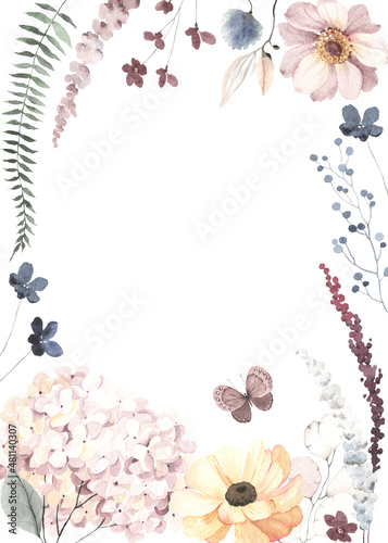 Fototapeta Naklejka Na Ścianę i Meble -  Floral frame with delicate flowers, branches and cute flying butterfly, watercolor illustration isolated on white background for invitation or greeting cards.