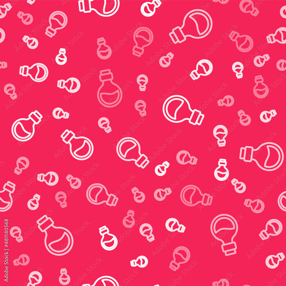 White line Glass bottle with magic elixir icon isolated seamless pattern on red background. Computer game asset. Vector White line Glass bottle with magic elixir icon isolated seamless pattern on red background. Computer game asset. Vector