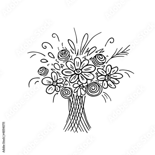 Doodle bouquet with flowers,hand drawn sketch with roses and chamomiles,daisies.Romantic bunch,gift to holiday.Simple floral drawing, still life.Botanical illustration.Isolated.Vector