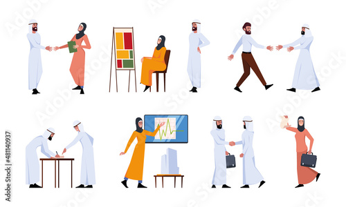 Arab business woman. Saudi girls working in traditional clothes office characters business partnership ethnic female persons garish vector flat colored illustrations