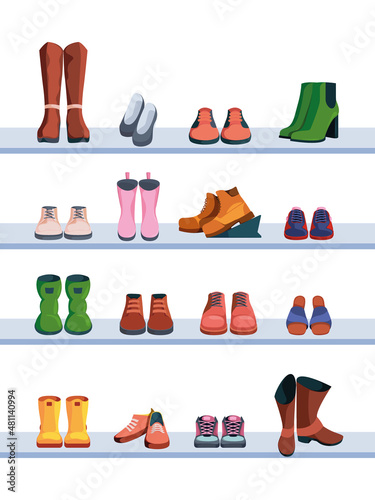 Shoes on shelves. Footwear glamour trendy shoes for man and women colored boots sport sneakers garish vector flat pictures set