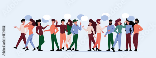 Crowd people talking. Social connection of characters teamwork speaks interesting group conversation garish vector concept background
