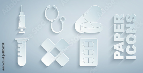 Set Crossed bandage plaster, Medicine pill or tablet, Test tube flask, Pills blister pack, Stethoscope and Syringe icon. Vector