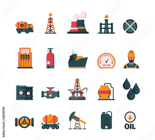 Gas oil industry. Mining energy from gas barrel and tank electric production line diesel transport fueling garish vector concept icons in flat style