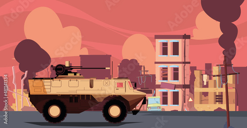 War destruction. Damaged buildings military transport tank army vehicles soldiers combat mission for destroyed living city apocalipsis garish vector colored background