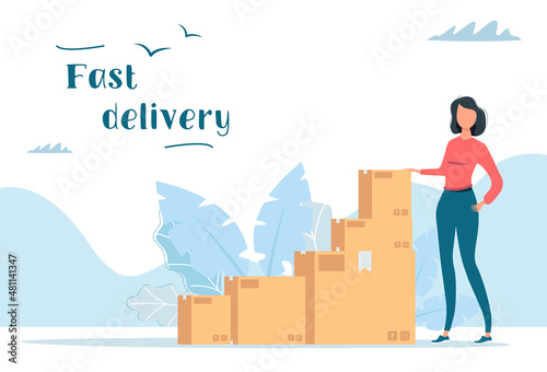 Postal service. Woman and mailboxes. Mail boxes. Advertising of postal services. Fast Delivety. Vector illustration in a modern style.
