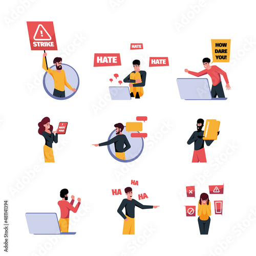 Social bullying. Cyber brut culture problems bully teenagers shame guy boycotts metaphor pictures woman harrasment aggresive conversation garish vector illustrations set