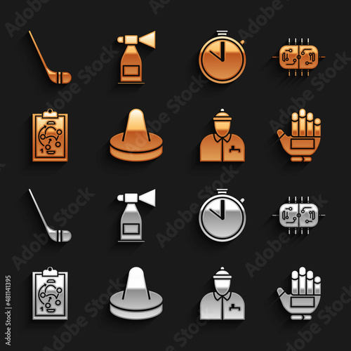 Set Mallet for playing air hockey, Hockey table, glove, coach, Planning strategy, Stopwatch, Ice stick and Air horn icon. Vector