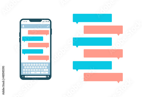 Online chat messages text notification on smartphone. Phone sms speech bubbles push alerts on screen. Vector image