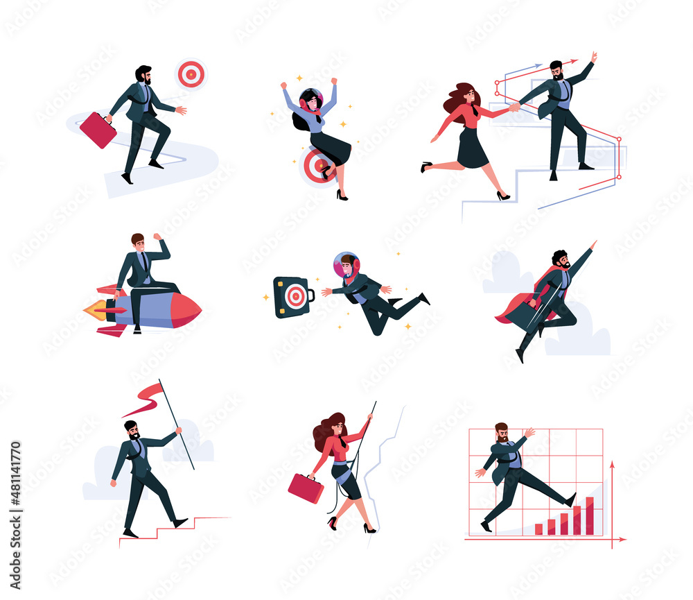Business team. Success career managers together moving to business targets stairway to goals garish vector business illustrations in flat style