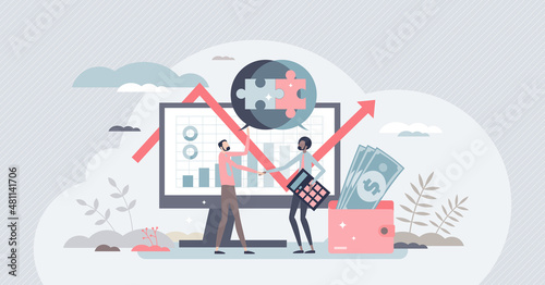 Business acquisition and other company purchase deal tiny person concept. Organisation consolidation and merging after successful buying contract vector illustration. Development and progress strategy