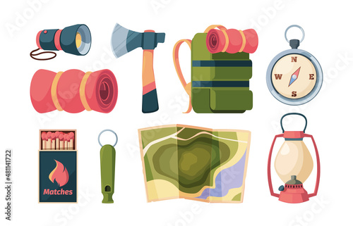 Camping tools. Tent knife bonfire binoculars outdoor tools for travellers and hiking adventure explorers garish vector flat illustrations