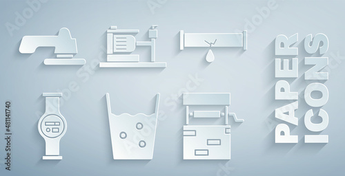 Set Glass with water, Broken pipe leaking, Water meter, Well, Electric pump and tap icon. Vector