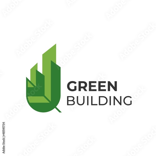 Green building logo design concept, combination of abstract leaf with city town, for eco friendly building logo design vector 