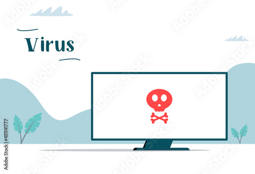 Virus on the screen monitor. Malware caution concept, spam data, fraud internet error, insecure risk danger connection, online scam, virus ransomware note. Vector image