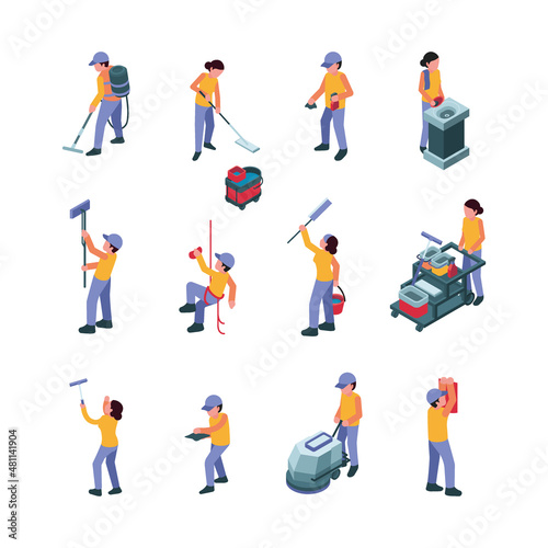 Cleaning service characters. People washing commercial windows janitor workers interior cleaning team detergents items garish vector illustrations collection in cartoon style