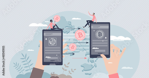 Crypto transaction and digital money transfer from phone tiny person concept. Online paying process with e-commerce purchases vector illustration. Virtual wallet usage for fast and safe payments.