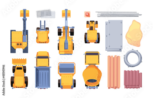 Heavy cars top view. Yellow excavation trucks for builders bulldozer tractor vehicles for construction buildings diggers garish vector pictures set isolated in cartoon style