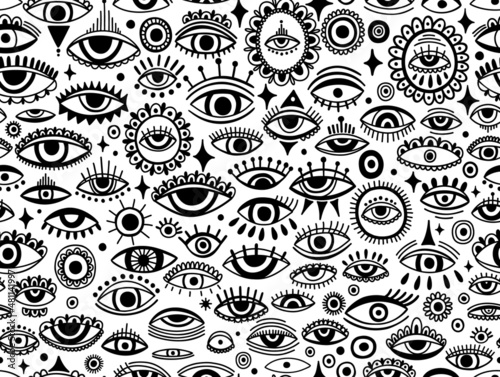 Seamless pattern Evil eye third element hand drawn.Esoteric mystic symbol,authentic icon.