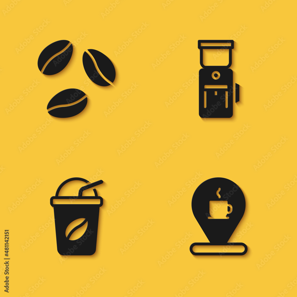 Set Coffee beans, Location with coffee cup, Iced and Electric grinder icon with long shadow. Vector Set Coffee beans, Location with coffee cup, Iced and Electric grinder icon with long shadow. Vector