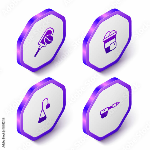 Set Isometric Spatula with coffee grain, Iced, Tea bag and Coffee filter holder icon. Purple hexagon button. Vector