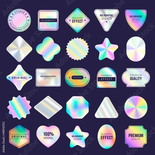 Holographic emblems. Retro mockup geometrical emblems with place for text ads shiny gradients stamps recent vector templates