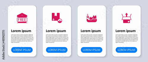 Set Unboxing, Cargo ship with boxes delivery, Carton cardboard and Free storage. Business infographic template. Vector