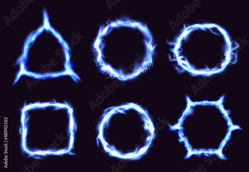 Energy portal holes. Transparent electrical power circles with glowing thunderbolt futuristic shapes spark rings of fantasy game decent vector illustrations set