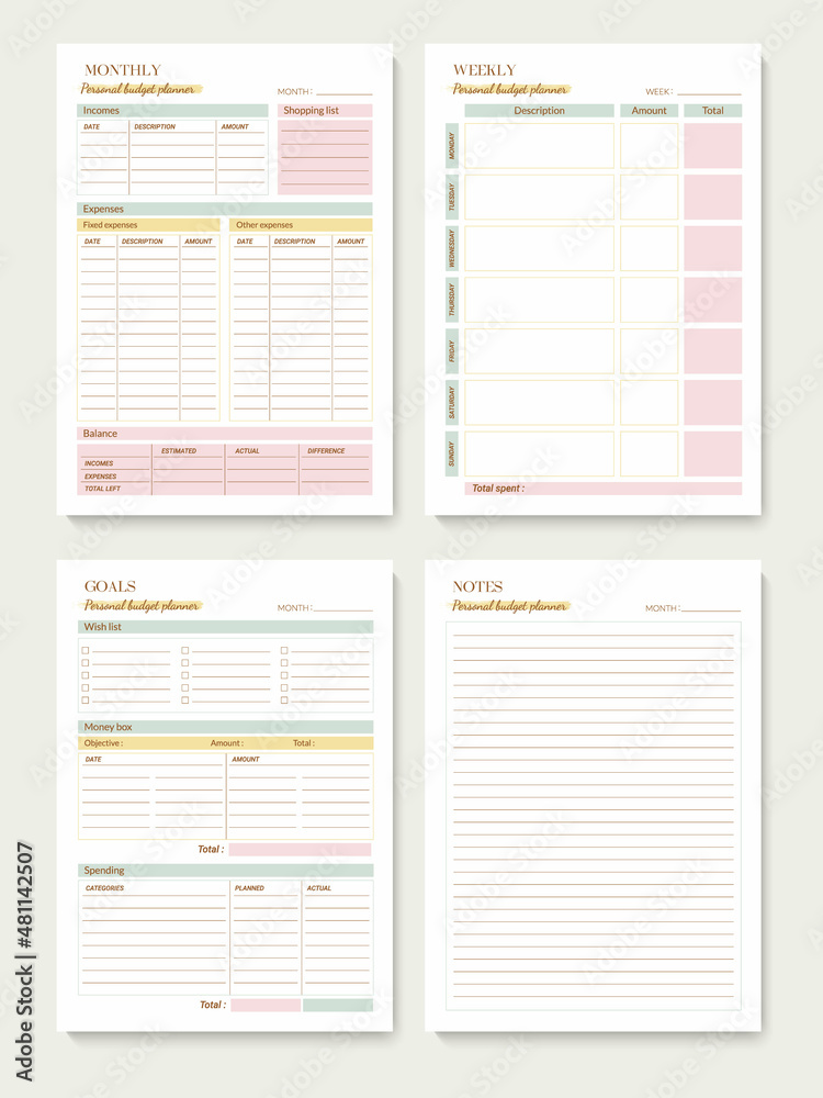 Minimalist printable planner page templates. Monthly, weekly budget planner. Goals, notes for the month. Vector graphic set for budget organization. Minimalist printable planner page templates. Monthly, weekly budget planner. Goals, notes for the month. Vector graphic set for budget organization.