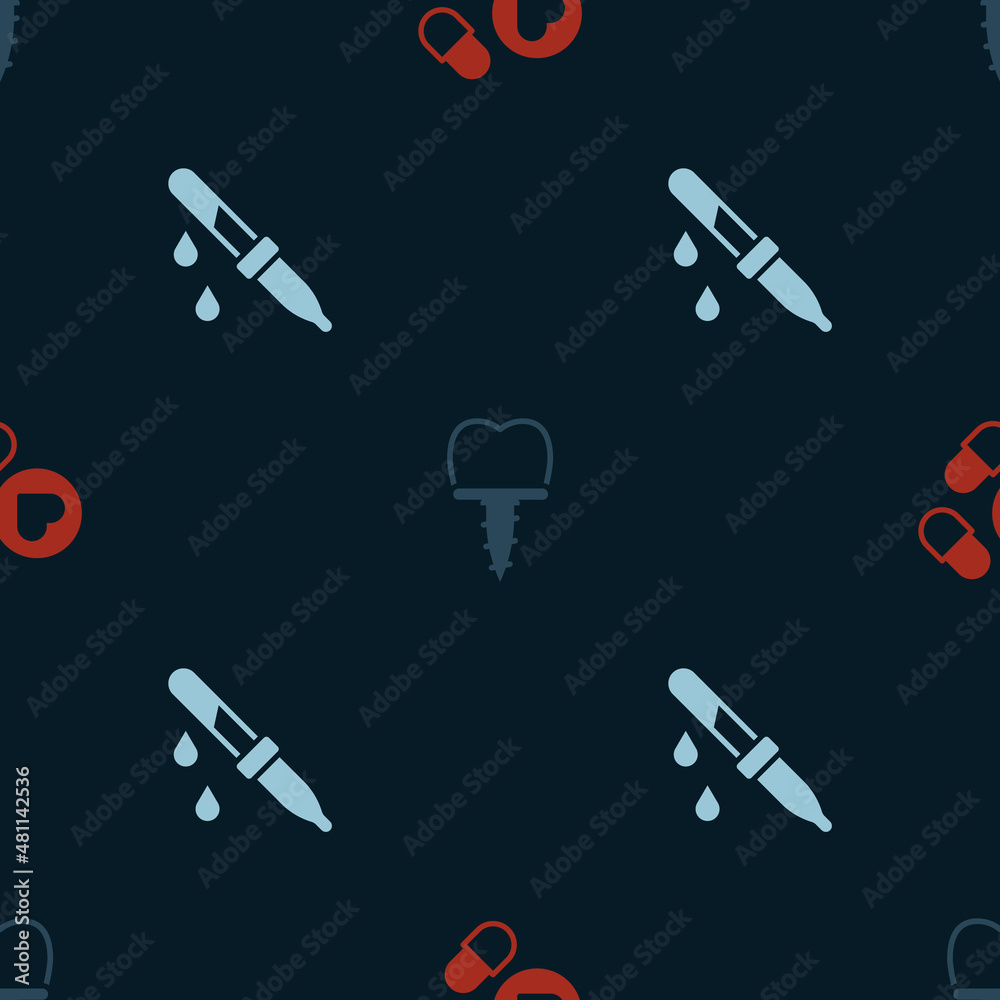 Set Medicine pill or tablet, Dental implant and Pipette on seamless pattern. Vector