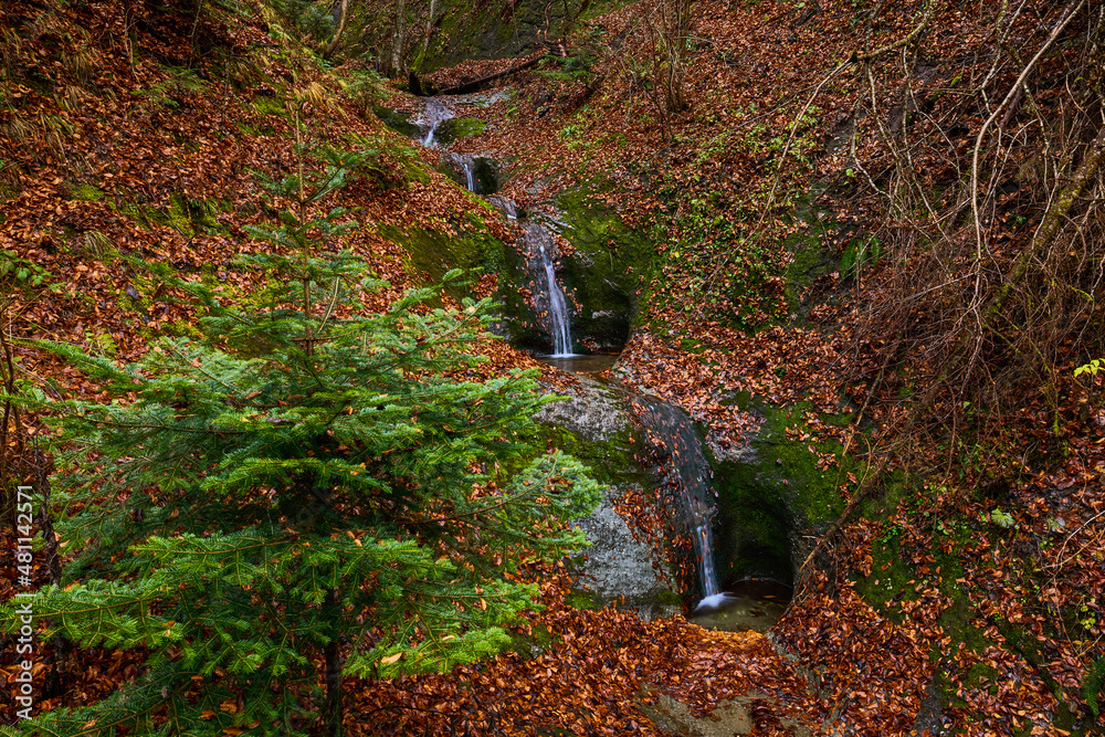 autumn landscape with a beautiful waterfall in the Carpathian mountains in Romania