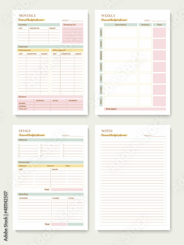 Minimalist printable planner page templates. Monthly, weekly budget planner. Goals, notes for the month. Vector graphic set for budget organization.