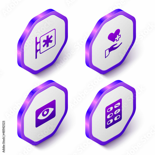 Set Isometric Emergency - Star of Life, Heart with cross, Red eye effect and Pills in blister pack icon. Purple hexagon button. Vector