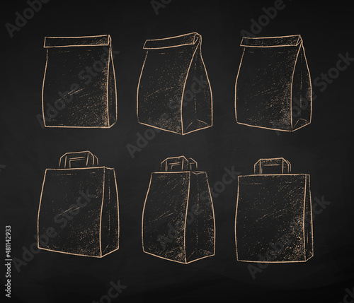 Chalk drawn vector illustration set of Paper Bags