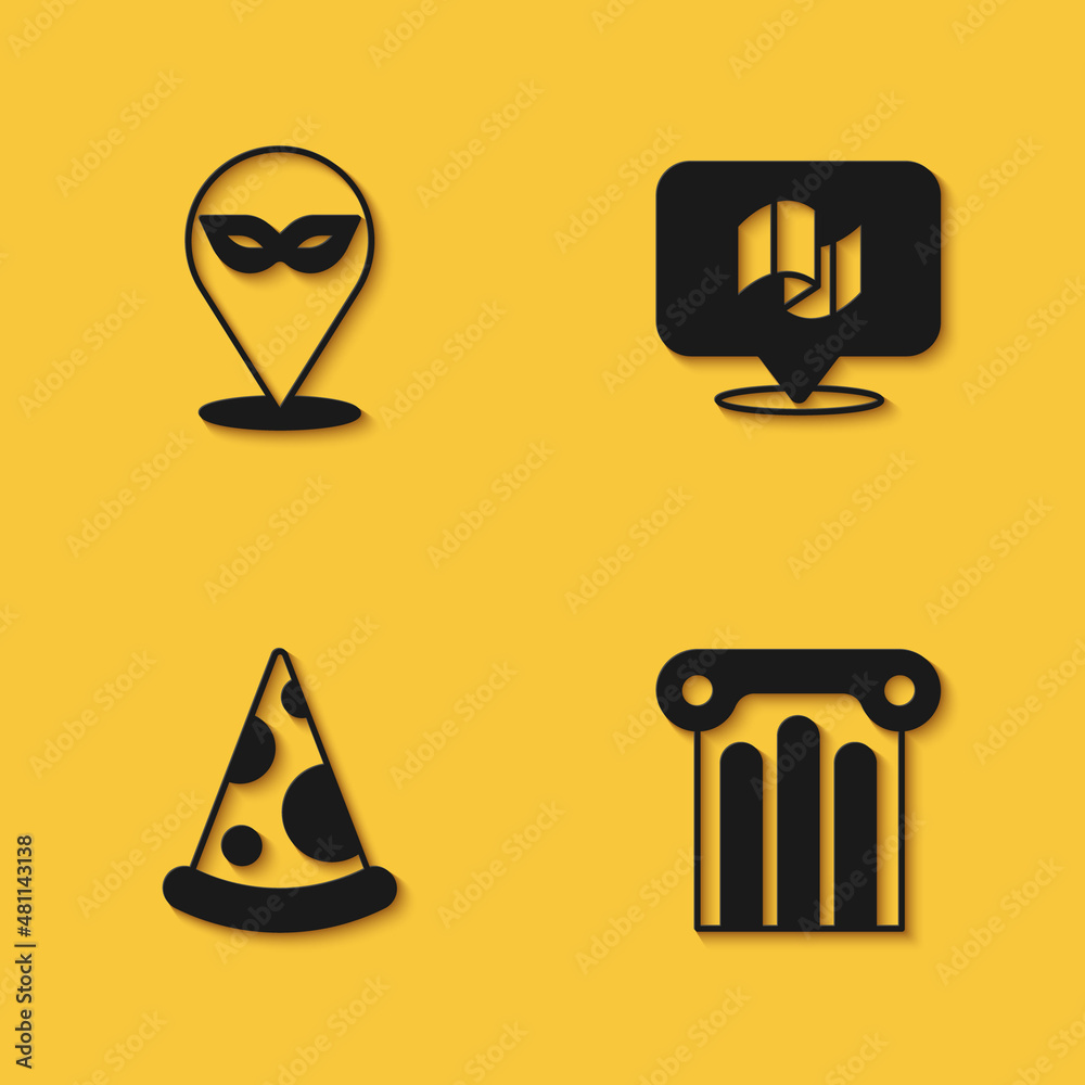 Set Carnival mask, Ancient column, Slice of pizza and Flag Italy icon with long shadow. Vector Set Carnival mask, Ancient column, Slice of pizza and Flag Italy icon with long shadow. Vector