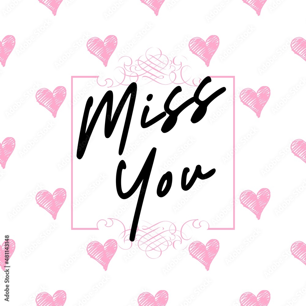 Miss you typography greeting card with heart shaped seamless background, love related item, valentine's day card, love declaration, printables