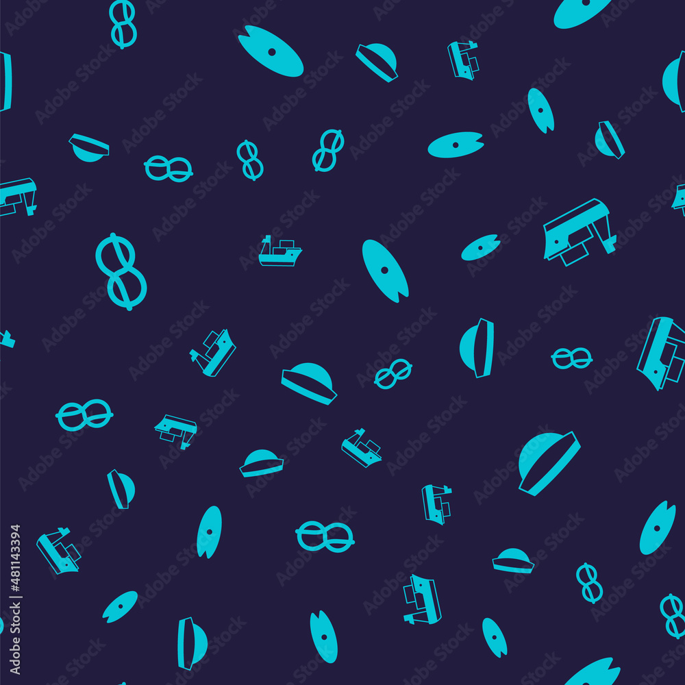 Set Nautical rope knots, Cargo ship, Surfboard and Sailor hat on seamless pattern. Vector Set Nautical rope knots, Cargo ship, Surfboard and Sailor hat on seamless pattern. Vector