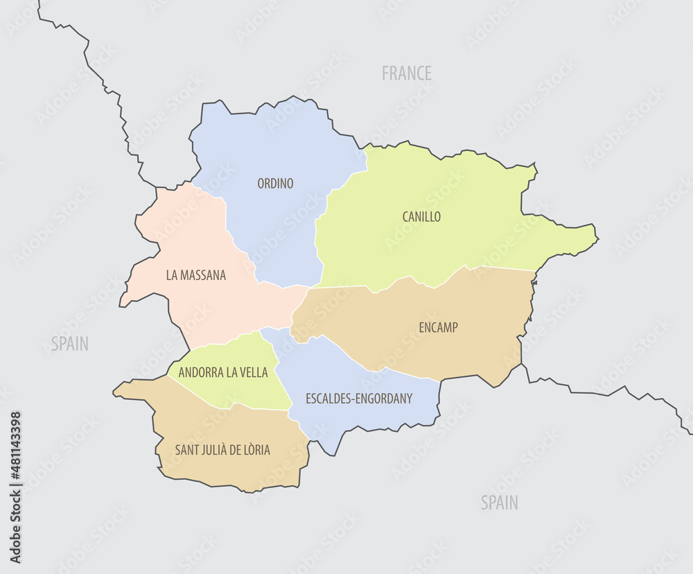 Detailed map of location of Andorra in Europe with the administrative divisions of country, vector illustration