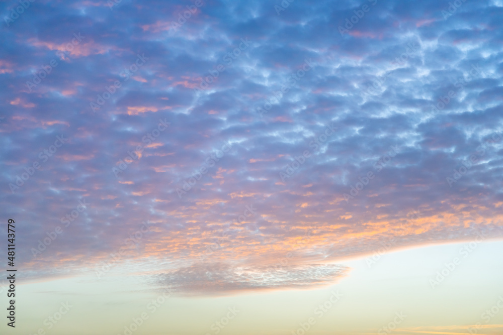Wolken, Himmel im Abendrot bei Sonnenuntergang. Kleine Schäfchenwolken, Cirrocumulus als Hintergrund