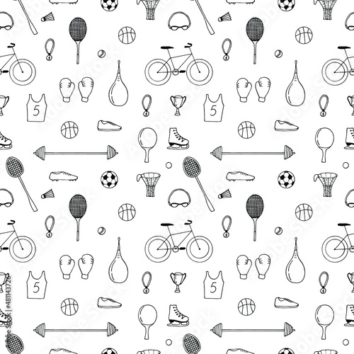 Sports seamless pattern, vector illustration, hand drawing