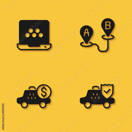 Set Taxi mobile app, car insurance, Taximeter device and Route location icon with long shadow. Vector