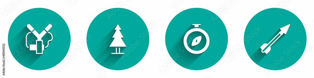 Set Slingshot, Tree, Compass and Medieval arrow icon with long shadow. Vector Set Slingshot, Tree, Compass and Medieval arrow icon with long shadow. Vector