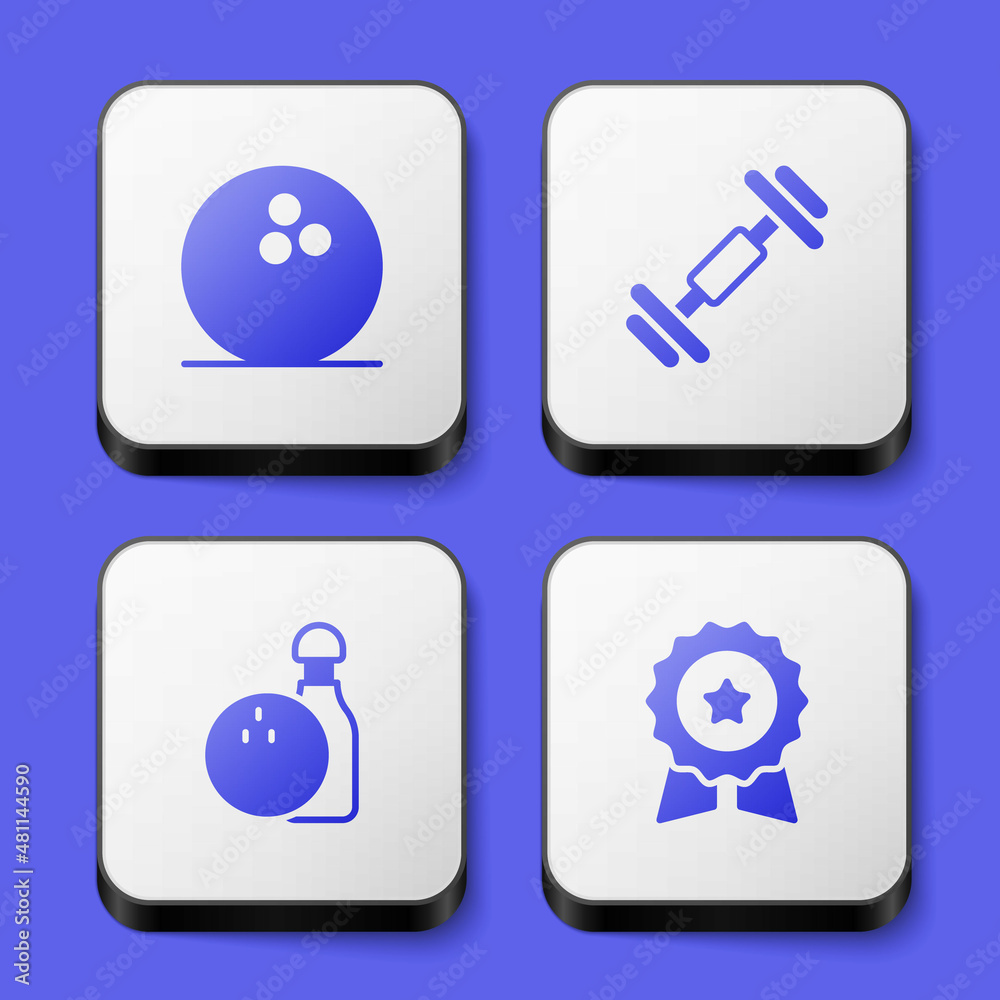Set Bowling ball, Dumbbell, pin and and Medal with star icon. White square button. Vector Set Bowling ball, Dumbbell, pin and and Medal with star icon. White square button. Vector